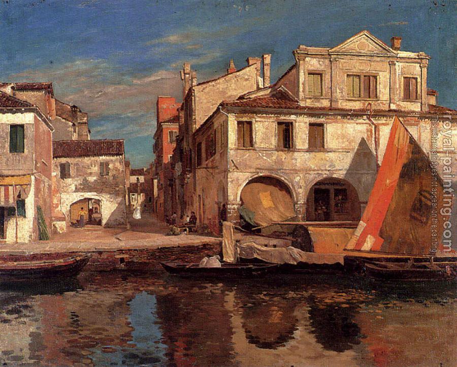 Gustav Bauernfiend : Gustav Bauernfeind, Canal Scene in Chioggia with Bragozzo